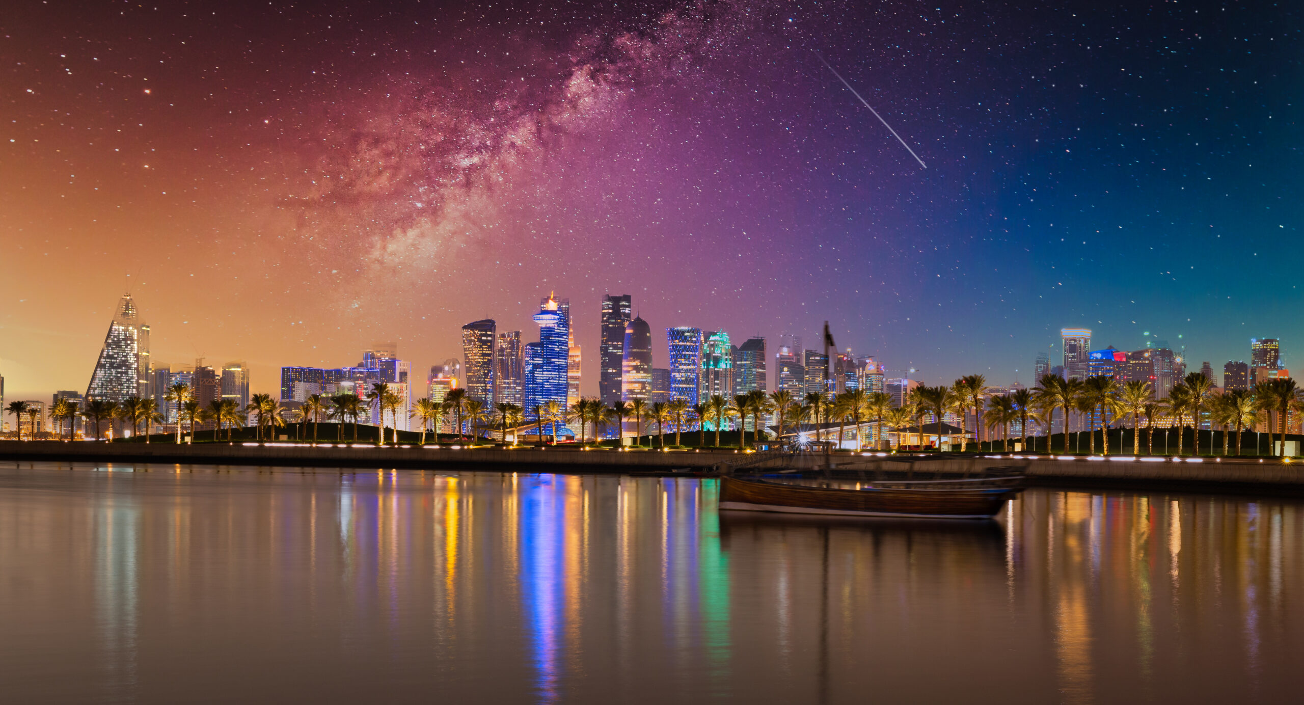Doha,Qatar,Skyline,At,Night,Showing,Skyscrapers,Lights,Reflected,In