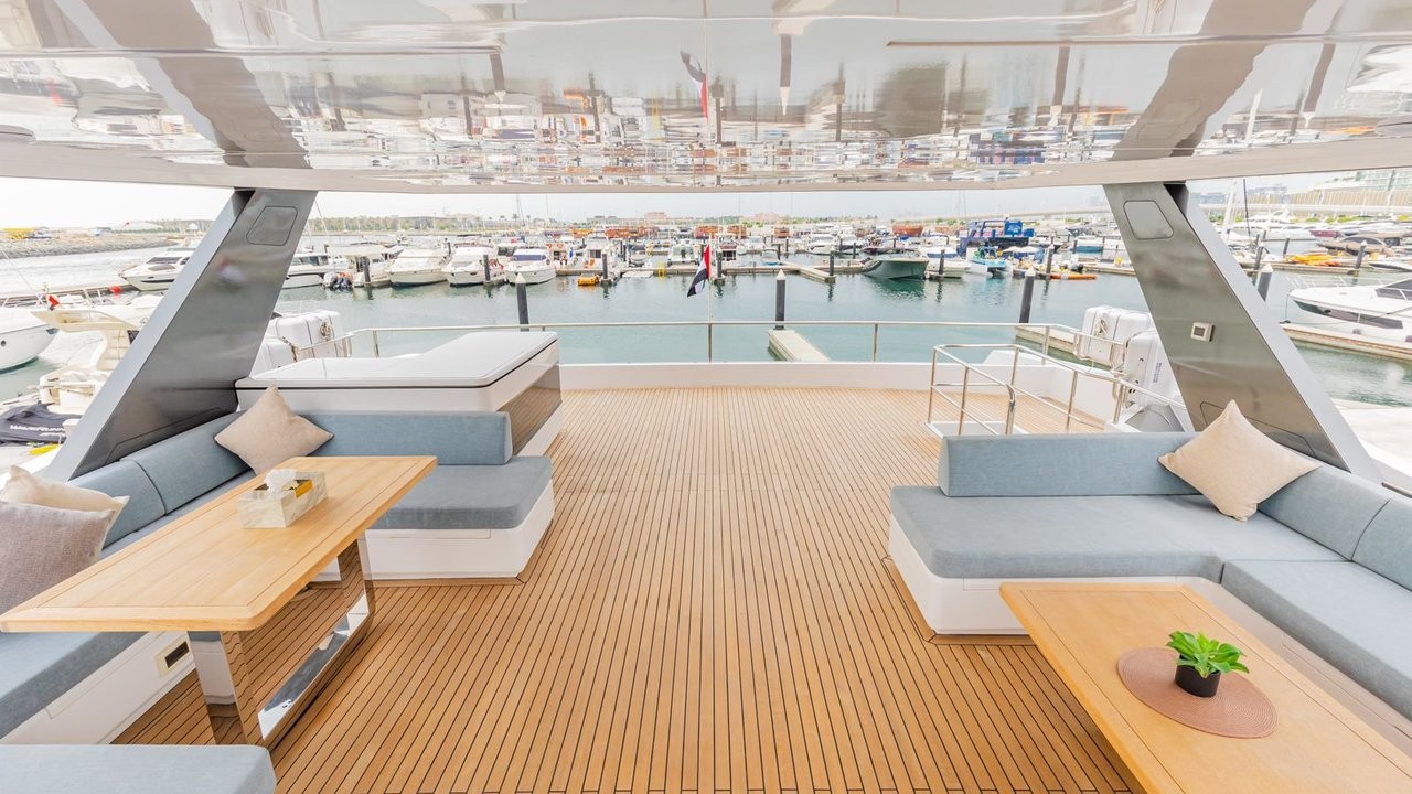 Infinity's open aft deck with lounge seating